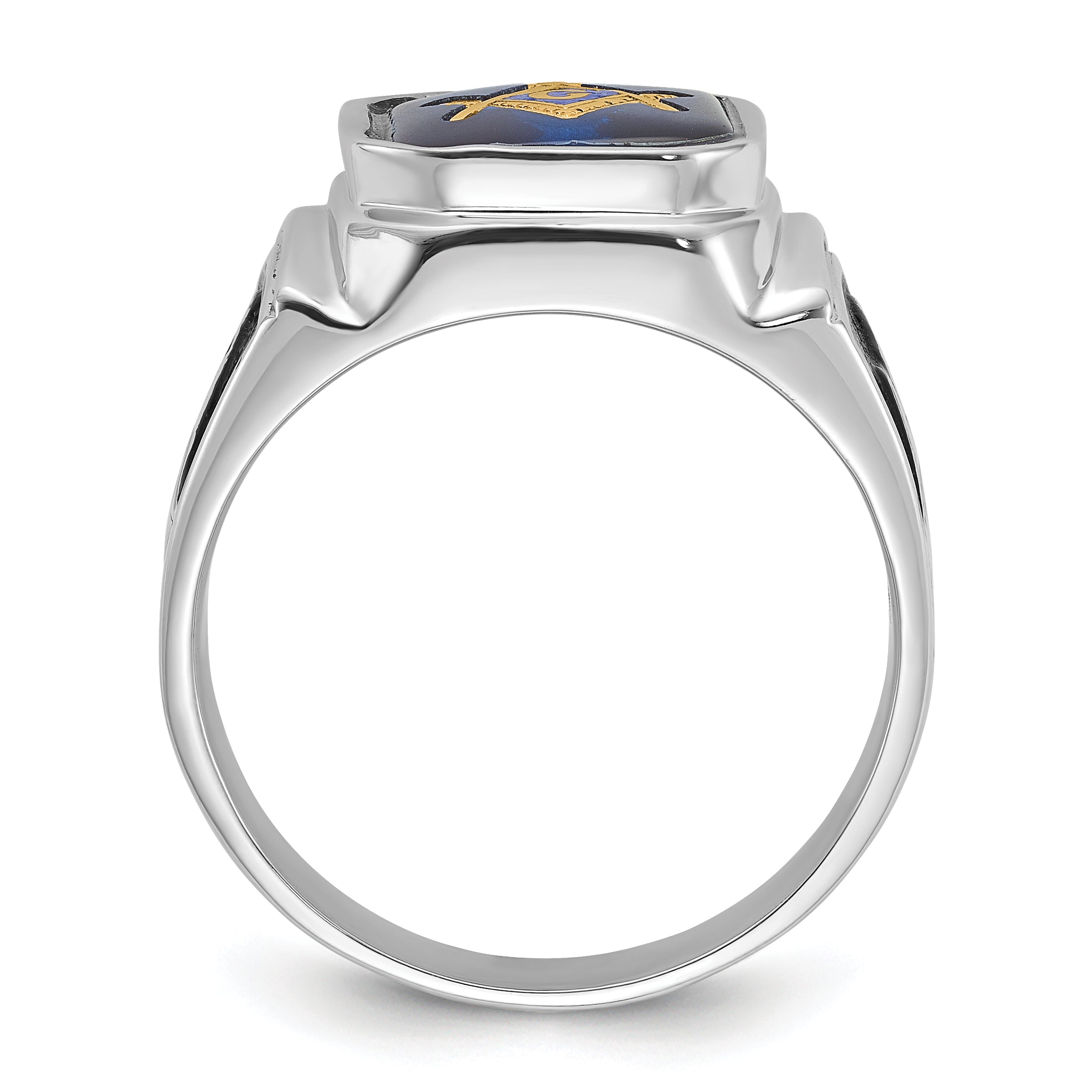 14k White Gold Polished and Textured with Black Enamel and Imitation Blue Spinel Masonic Ring Secondary image