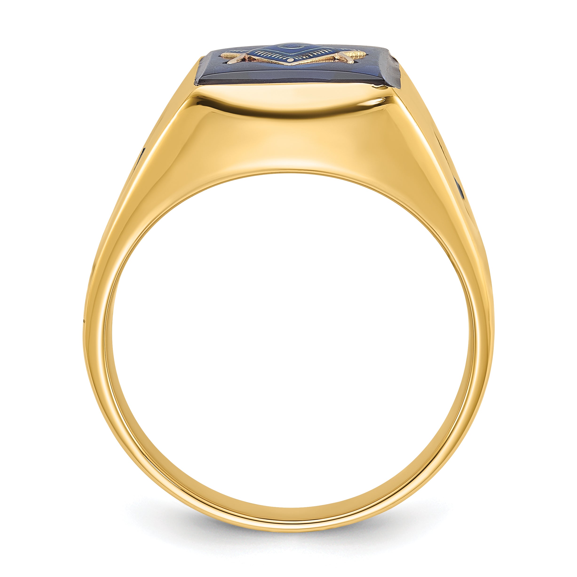 14k Men's Polished and Grooved with Black Enamel and Imitation Blue Spinel Masonic Ring Secondary image