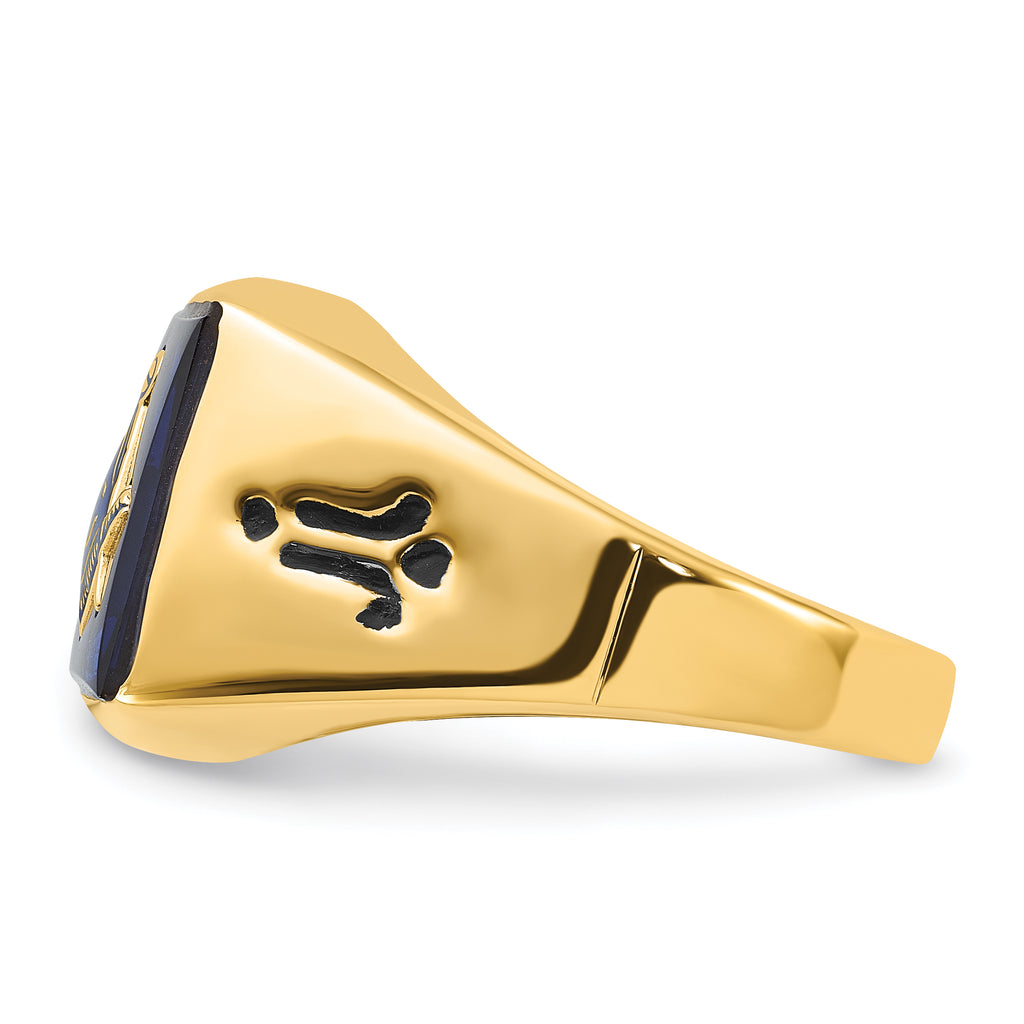 14k Men's Polished and Grooved with Black Enamel and Imitation Blue Spinel Masonic Ring