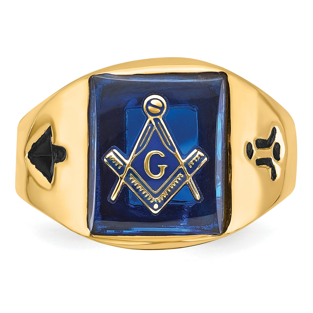 14k Men's Polished and Grooved with Black Enamel and Imitation Blue Spinel Masonic Ring