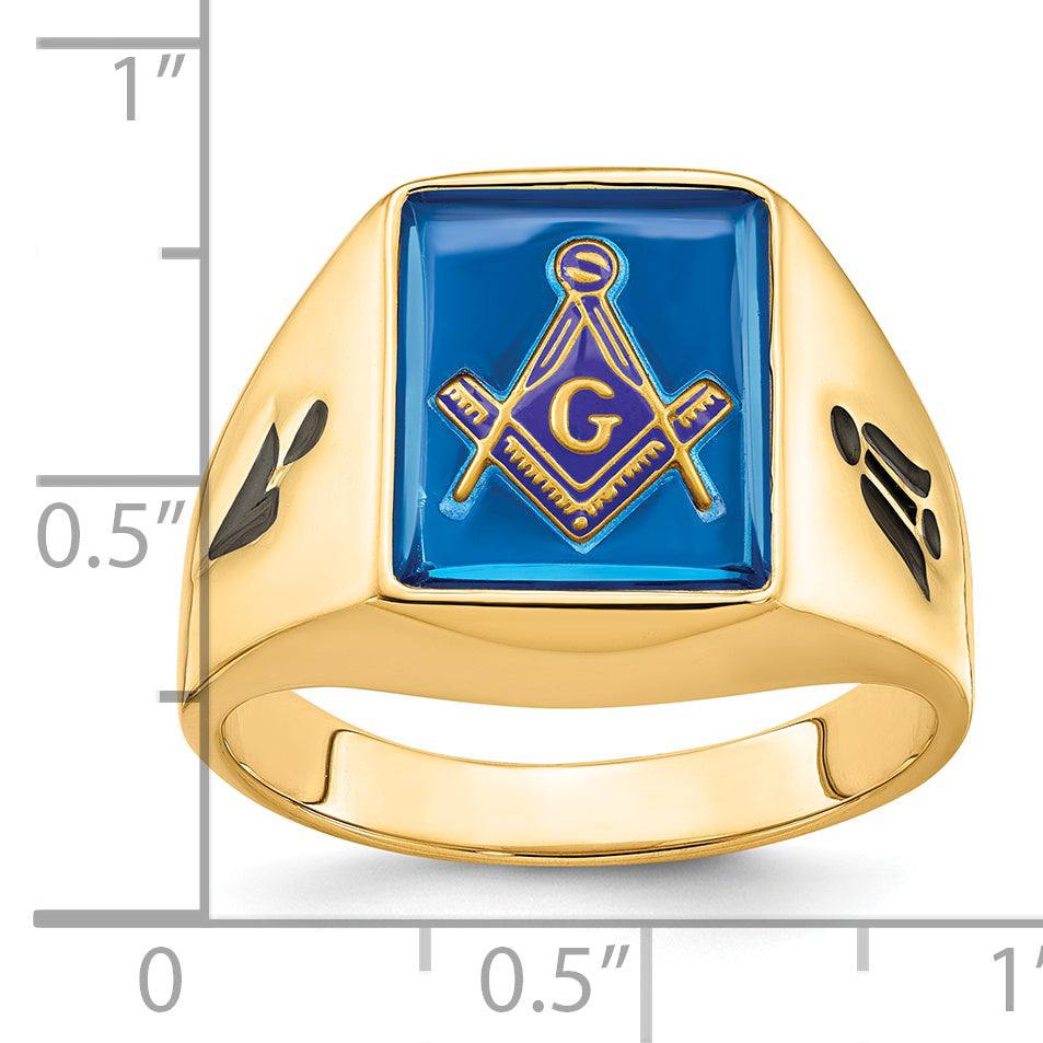 14k Men's Polished and Grooved with Black Enamel and Imitation Blue Spinel Masonic Ring