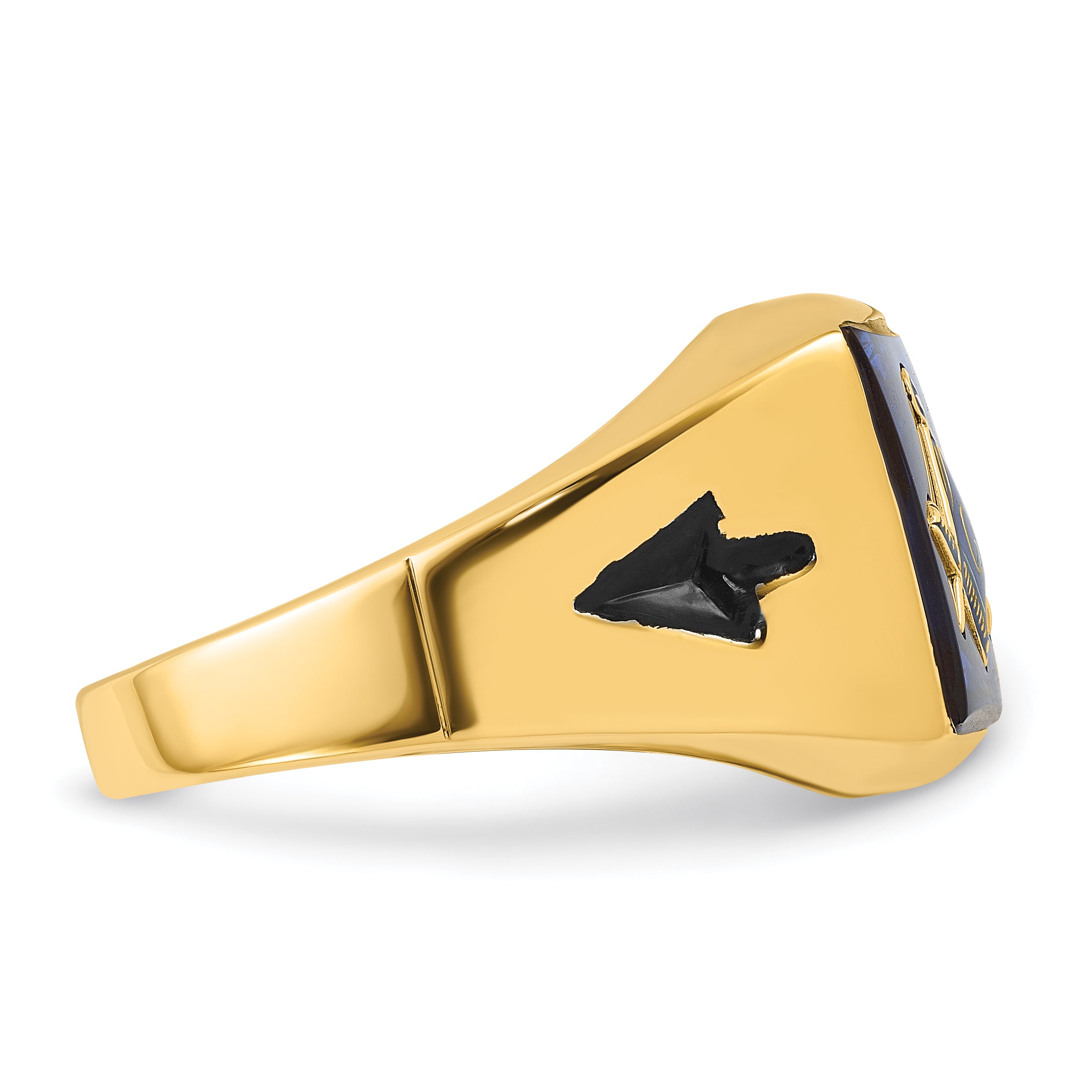 14k Men's Polished and Grooved with Black Enamel and Imitation Blue Spinel Masonic Ring