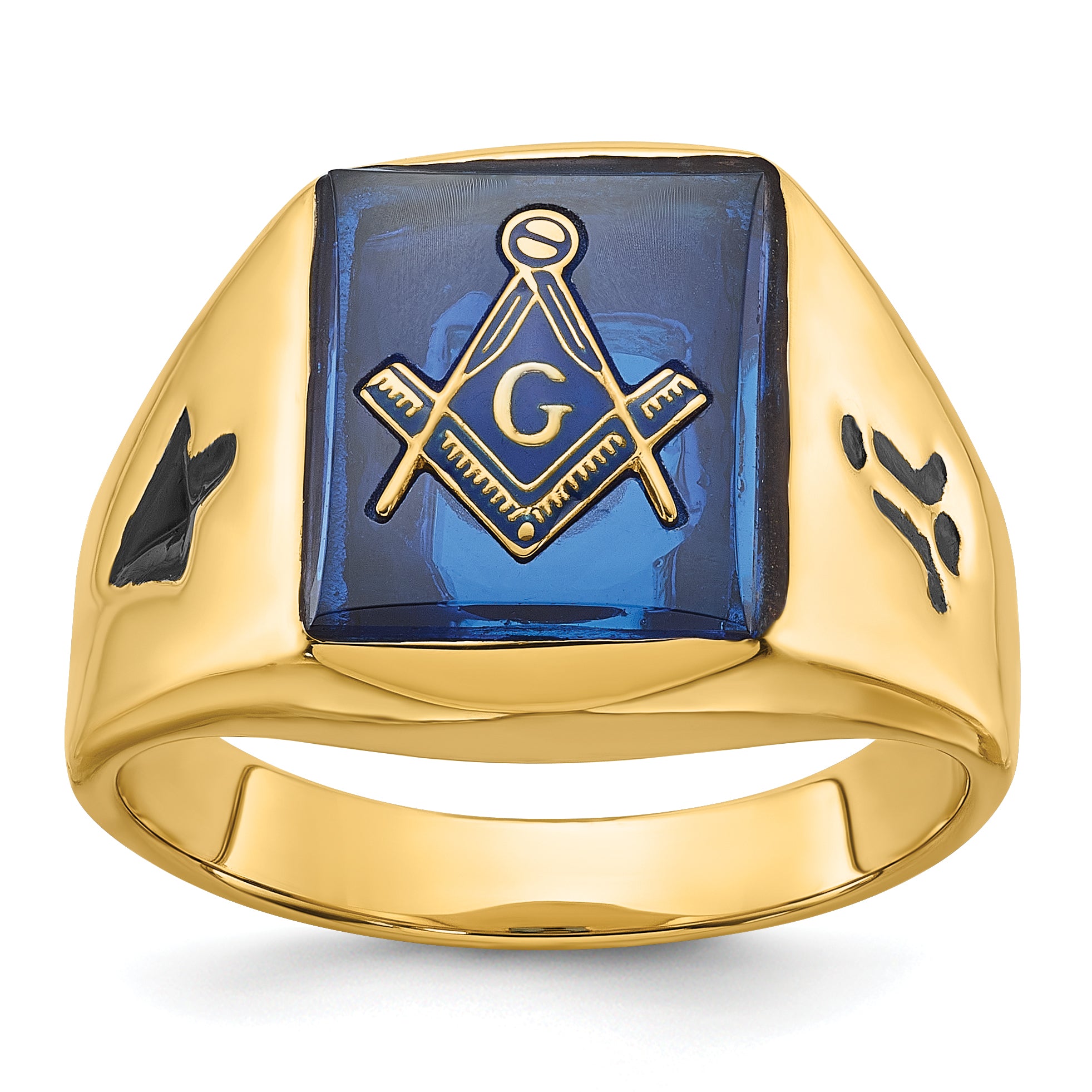 14k Men's Polished and Grooved with Black Enamel and Imitation Blue Spinel Masonic Ring Main image