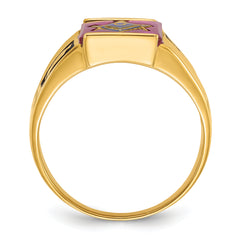 14k Men's Polished and Textured with Black Enamel and Lab Created Ruby Masonic Ring
