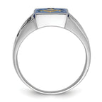 14k White Gold Men's Polished and Textured with Black Enamel and Imitation Blue Spinel Masonic Ring