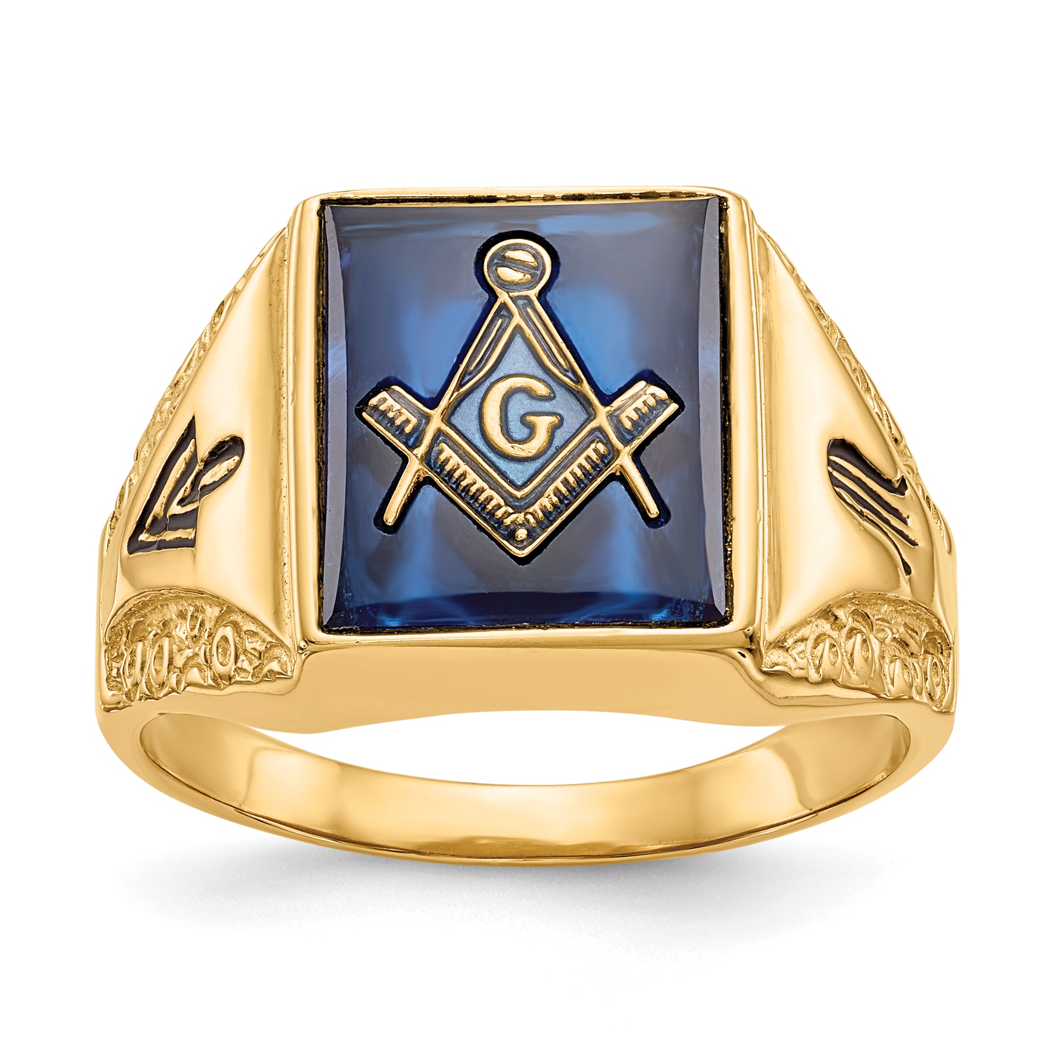 14k Men's Polished, Antiqued and Textured with Imitation Blue Spinel Masonic Ring Main image