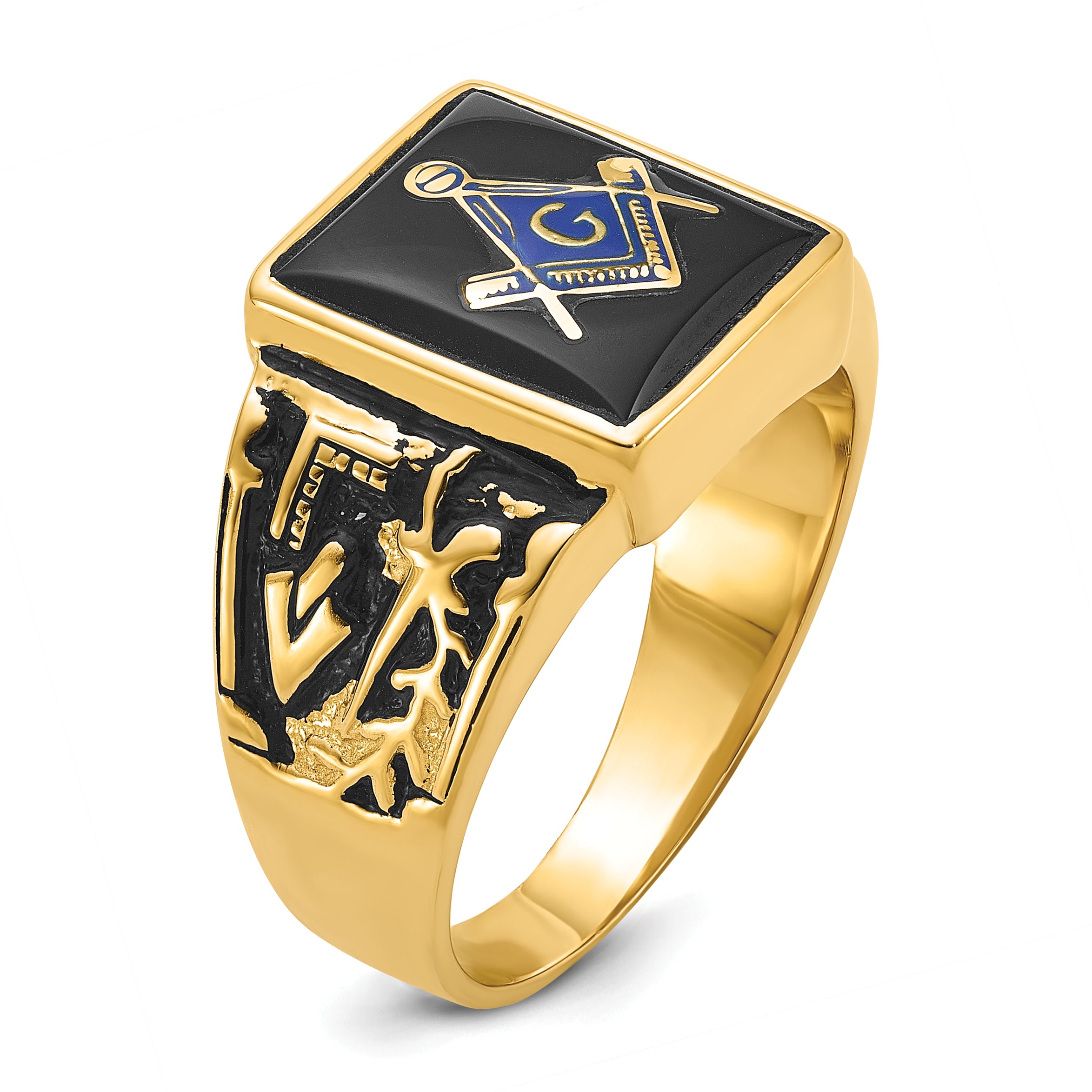 14k Men's Polished and Textured with Black Enamel and Onyx Masonic Ring
