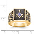 14k Men's Polished and Textured with Black Enamel and Onyx Masonic Ring