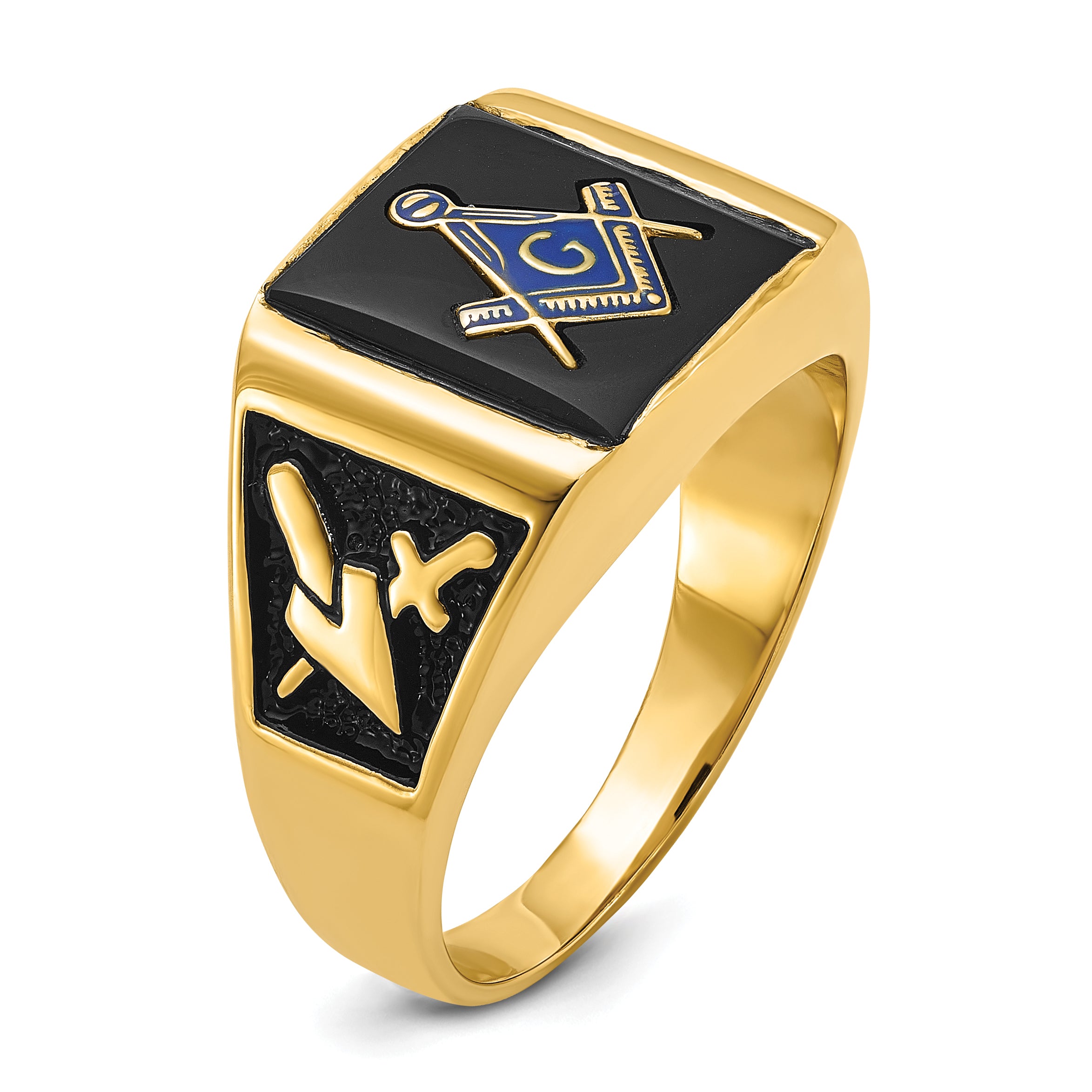 14k Men's Polished and Textured with Black Enamel & Onyx Masonic Ring