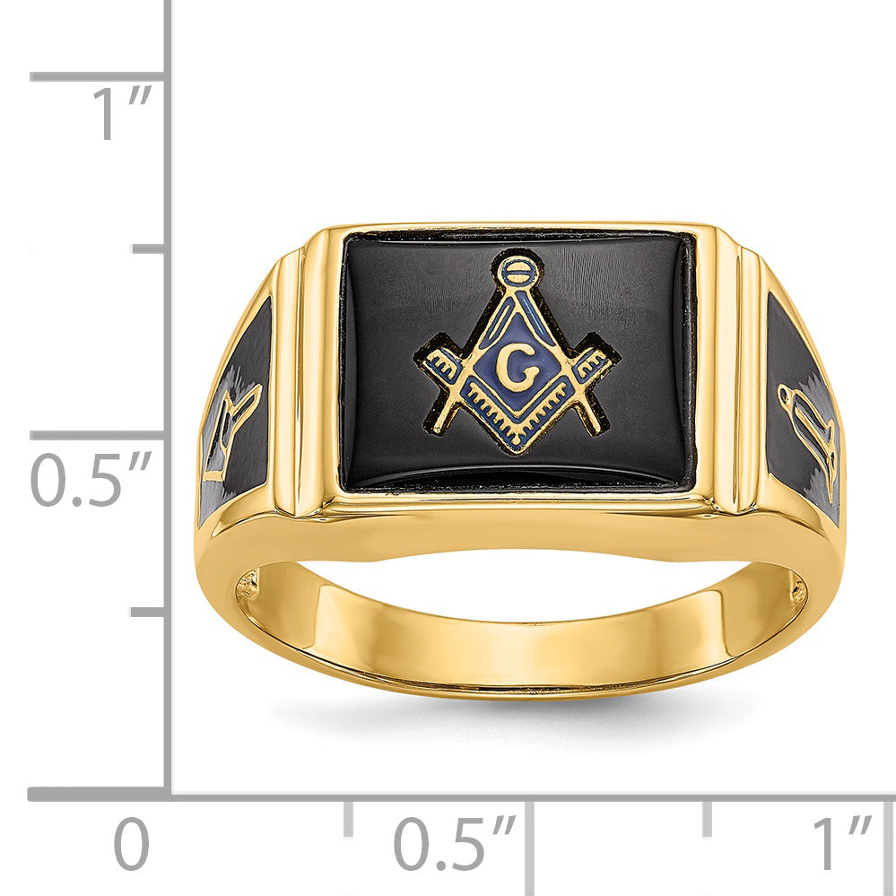 14k Men's Polished and Textured with Black Enamel and Onyx Masonic Ring