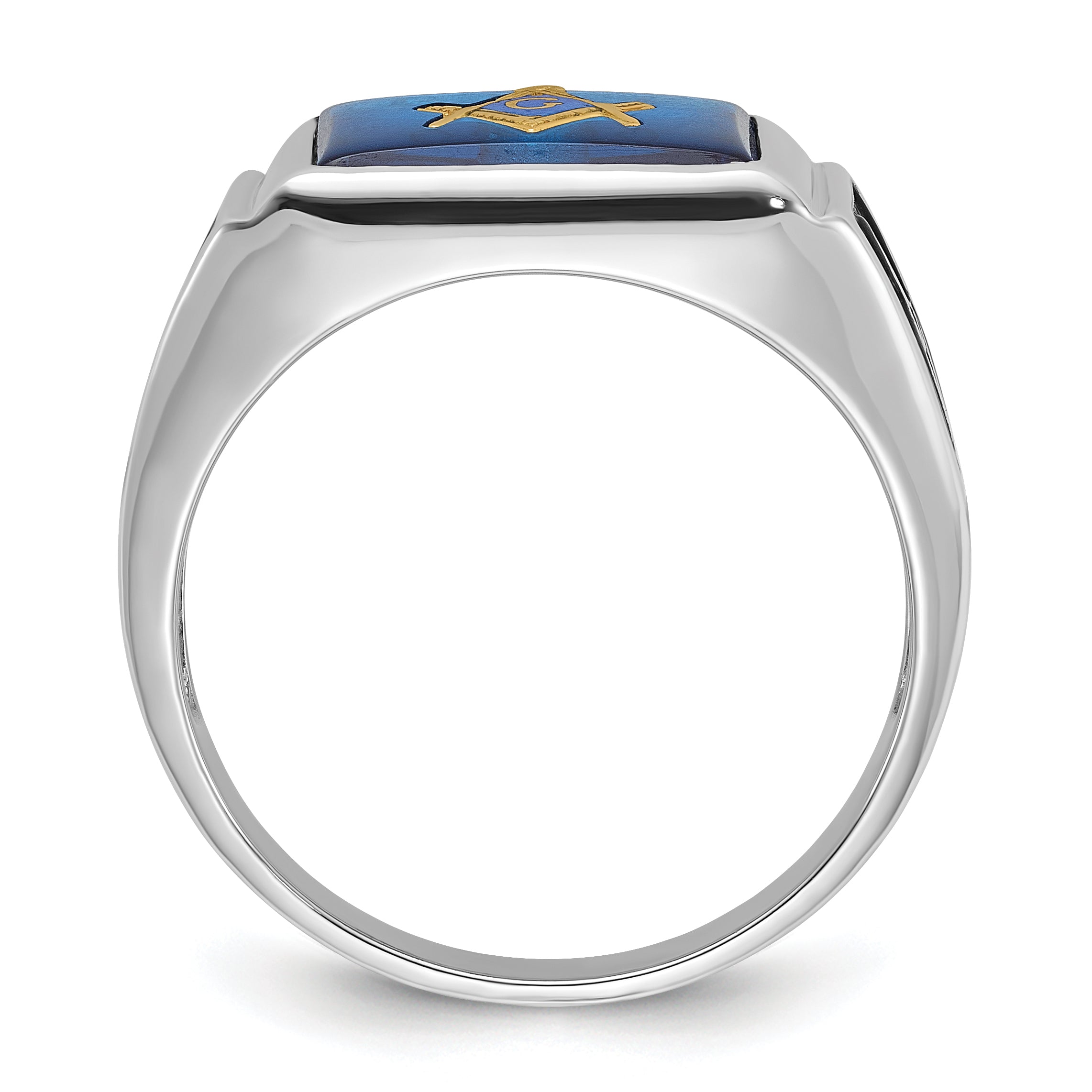 14k White Gold Men's Polished and Textured with Black Enamel and Imitation Blue Spinel Masonic Ring Secondary image