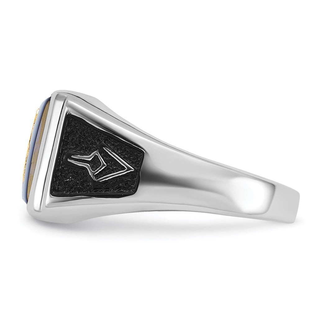 14k White Gold Men's Polished and Textured with Black Enamel and Imitation Blue Spinel Masonic Ring