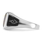 14k White Gold Men's Polished and Textured with Black Enamel and Imitation Blue Spinel Masonic Ring