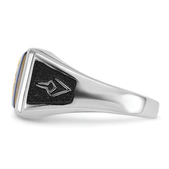 14k White Gold Men's Polished and Textured with Black Enamel and Imitation Blue Spinel Masonic Ring