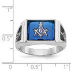 14k White Gold Men's Polished and Textured with Black Enamel and Imitation Blue Spinel Masonic Ring