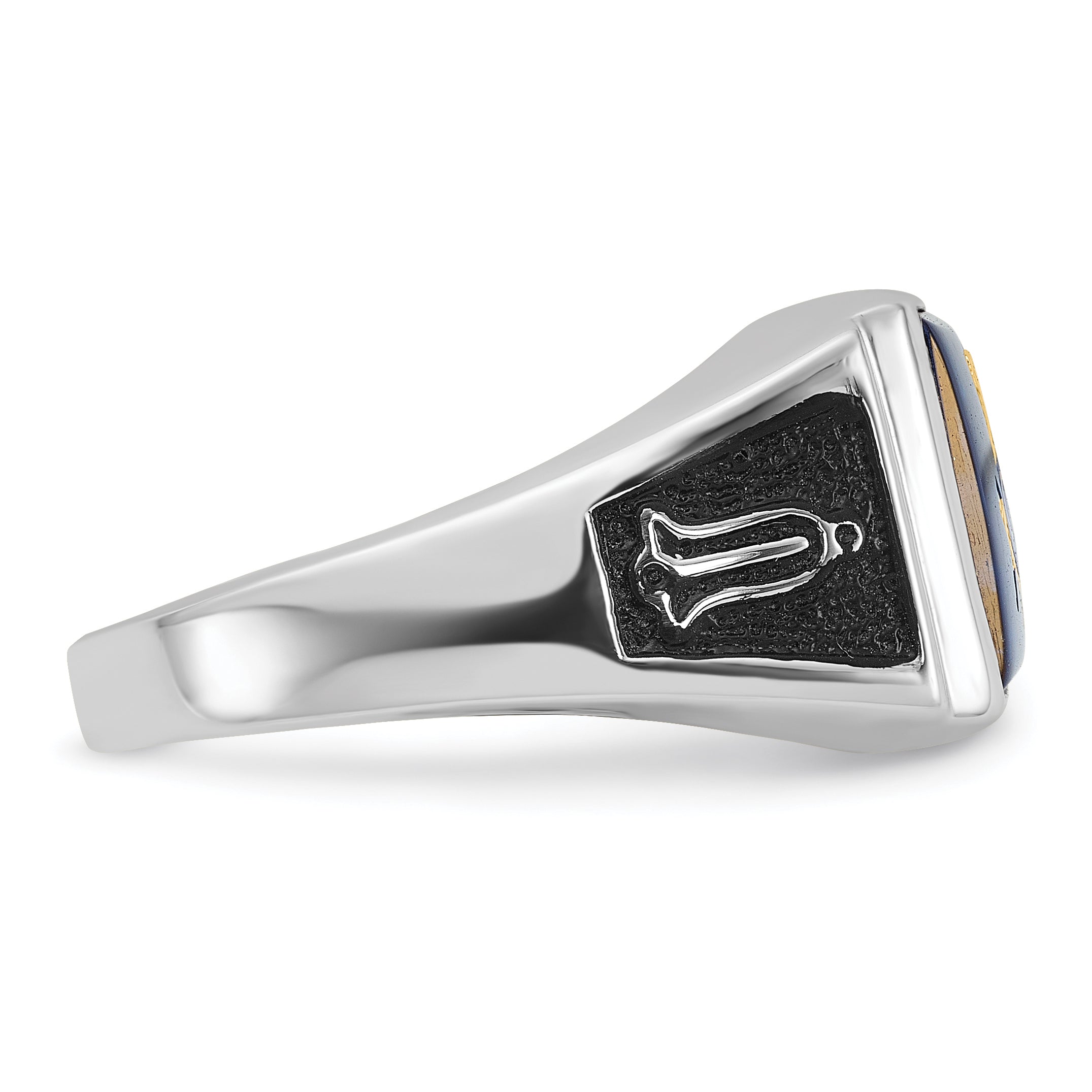 14k White Gold Men's Polished and Textured with Black Enamel and Imitation Blue Spinel Masonic Ring