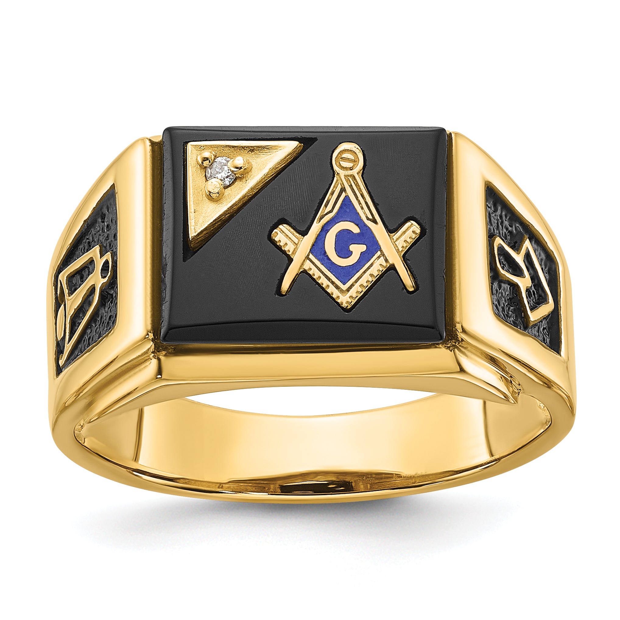 14k Men's Polished and Textured with Black Enamel, Onyx and AA Quality Diamond Masonic Ring Main image