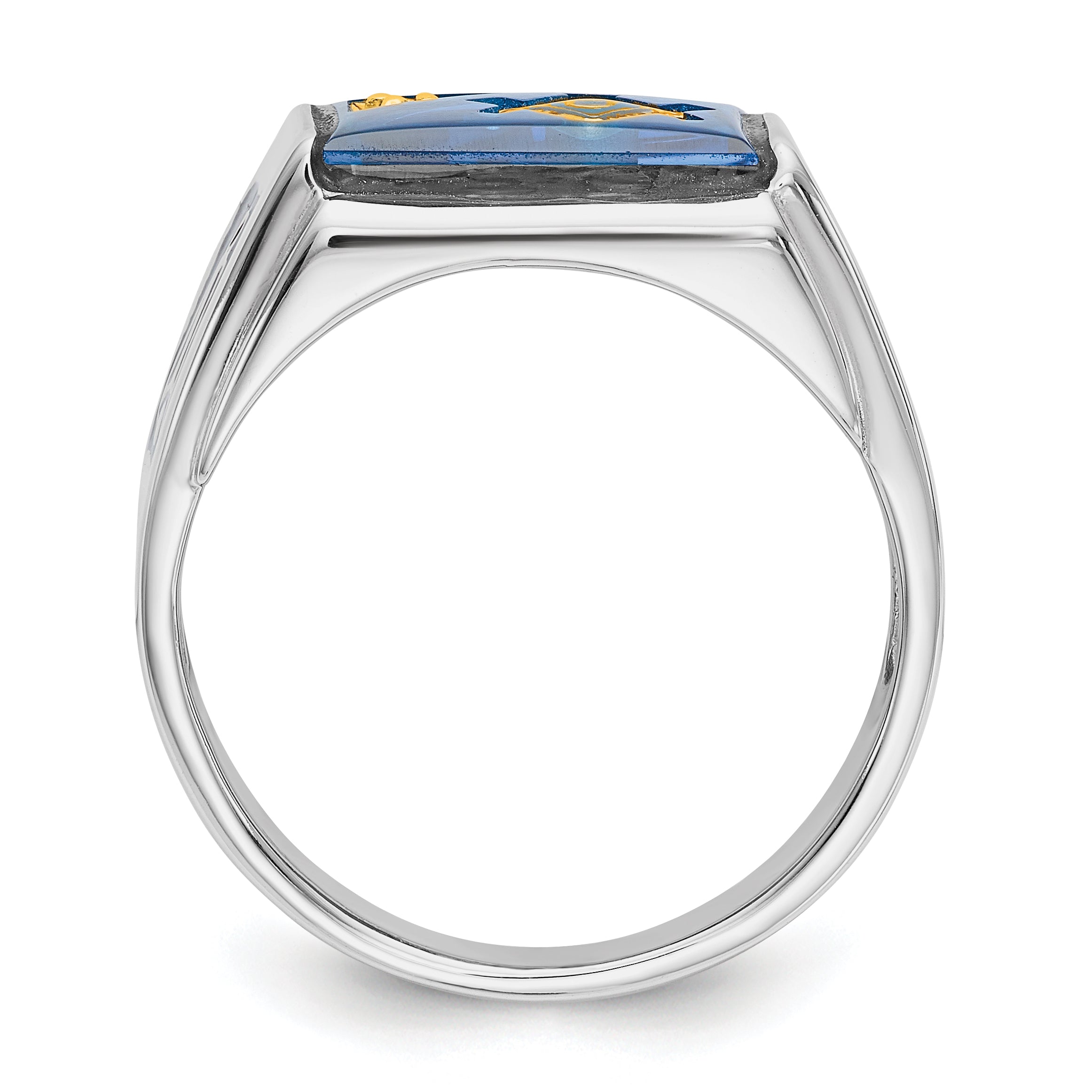 14k White Gold Men's Polished and Textured with Black Enamel, Diamond and Imitation Blue Spinel Masonic Ring