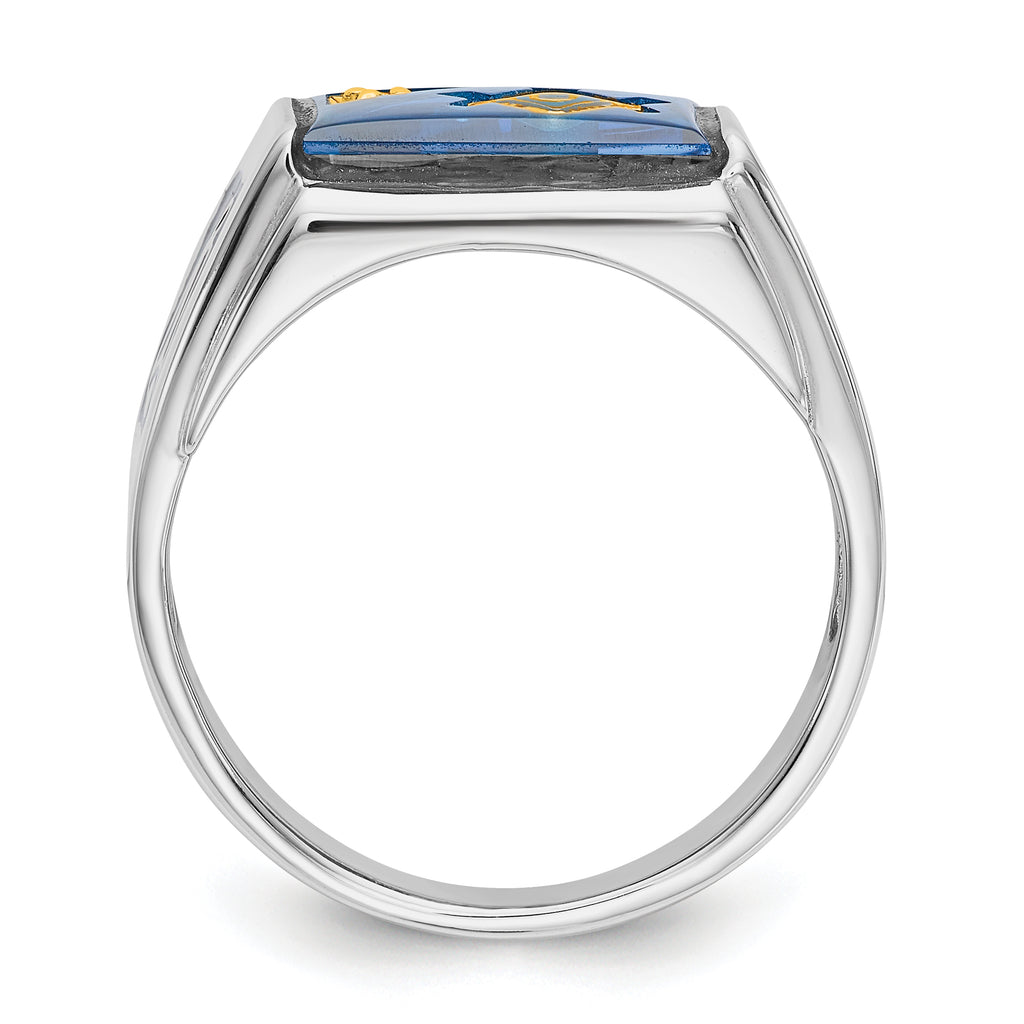 14k White Gold Men's Polished and Textured with Black Enamel, Diamond and Imitation Blue Spinel Masonic Ring