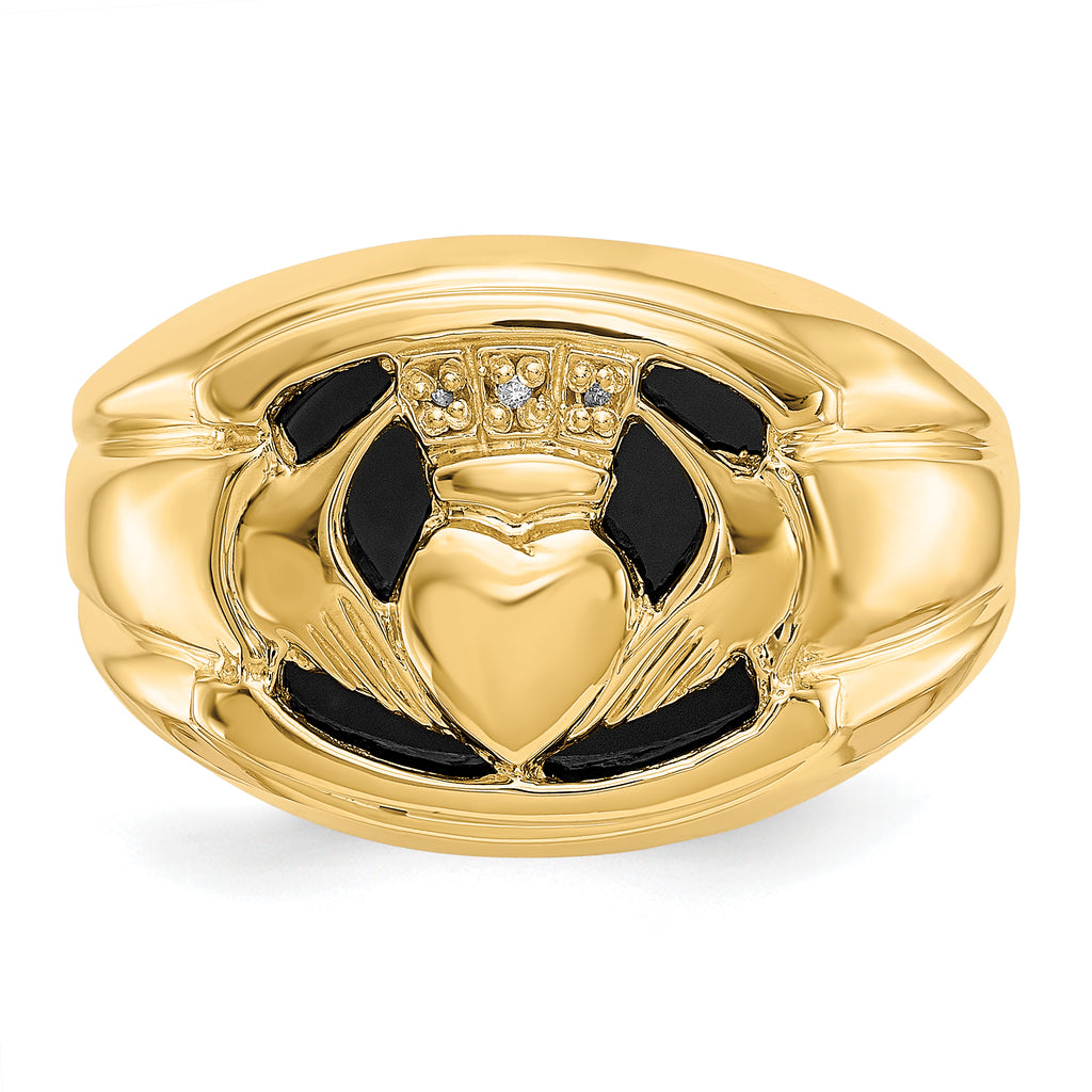 14k AA Diamond and Onyx Mens Claddagh Ring