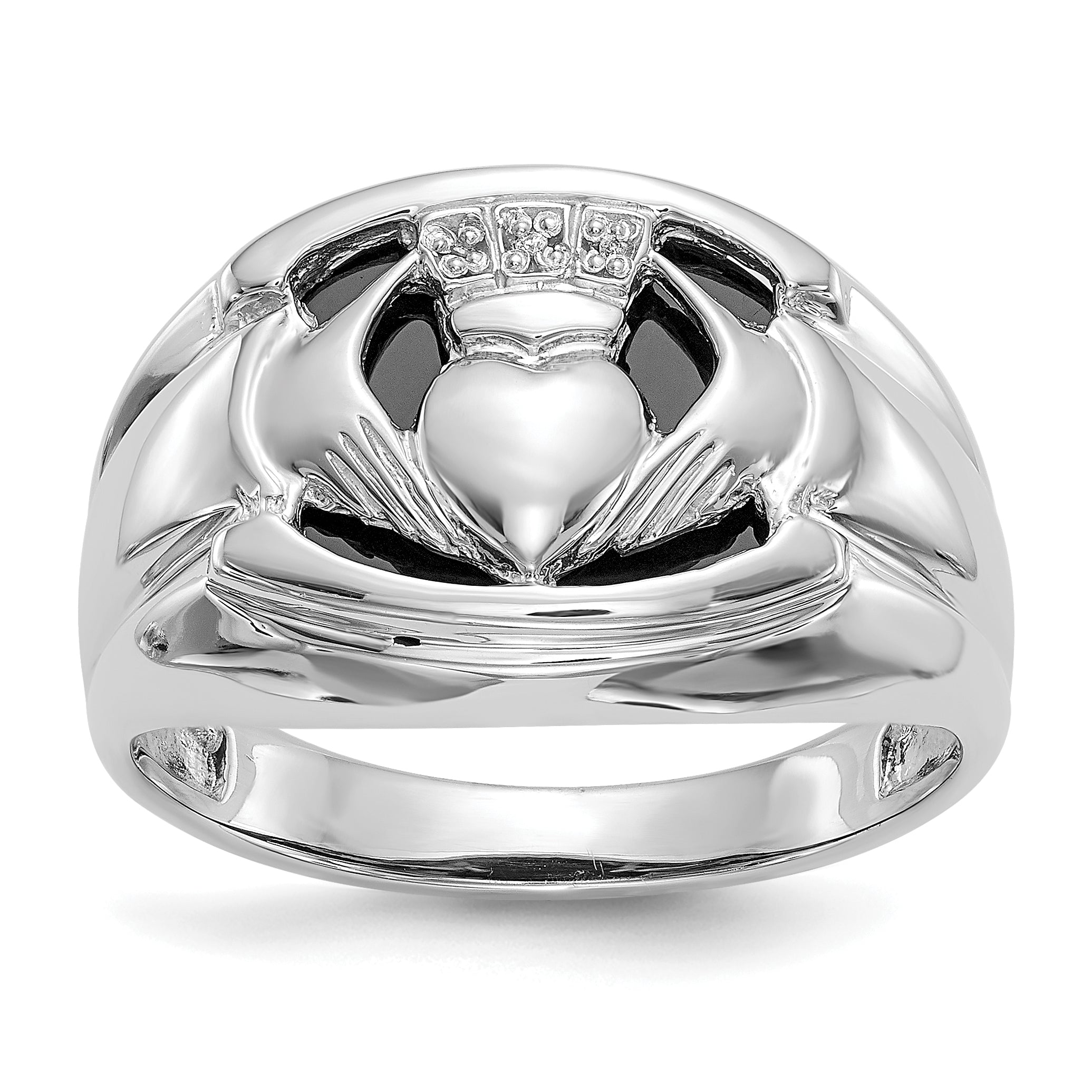 14k White Gold AA Diamond and Onyx Mens Claddagh Ring Main image