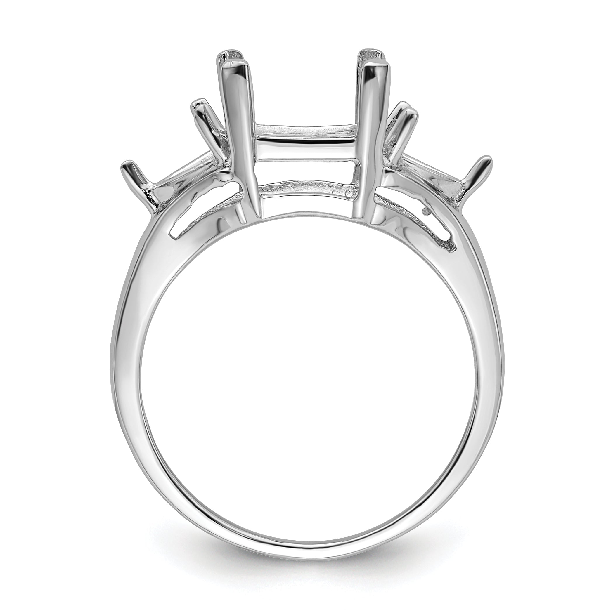 14k White Gold 9x7 Emerald / 2-5mm Trillion Gemstone Ring Mounting (No Stone Included)