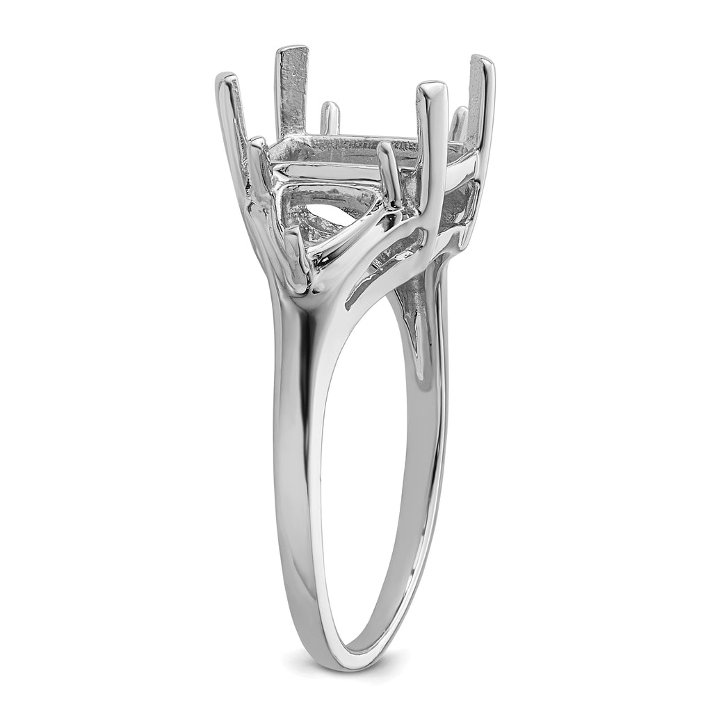 14k White Gold 9x7 Emerald / 2-5mm Trillion Gemstone Ring Mounting (No Stone Included)