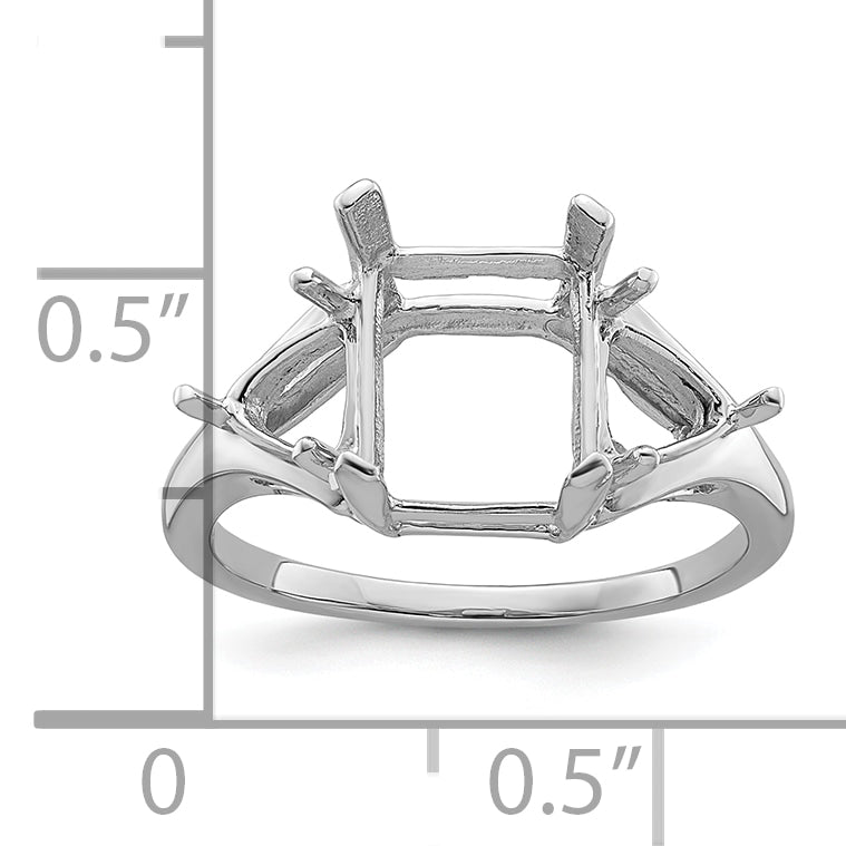 14k White Gold 9x7 Emerald / 2-5mm Trillion Gemstone Ring Mounting (No Stone Included)