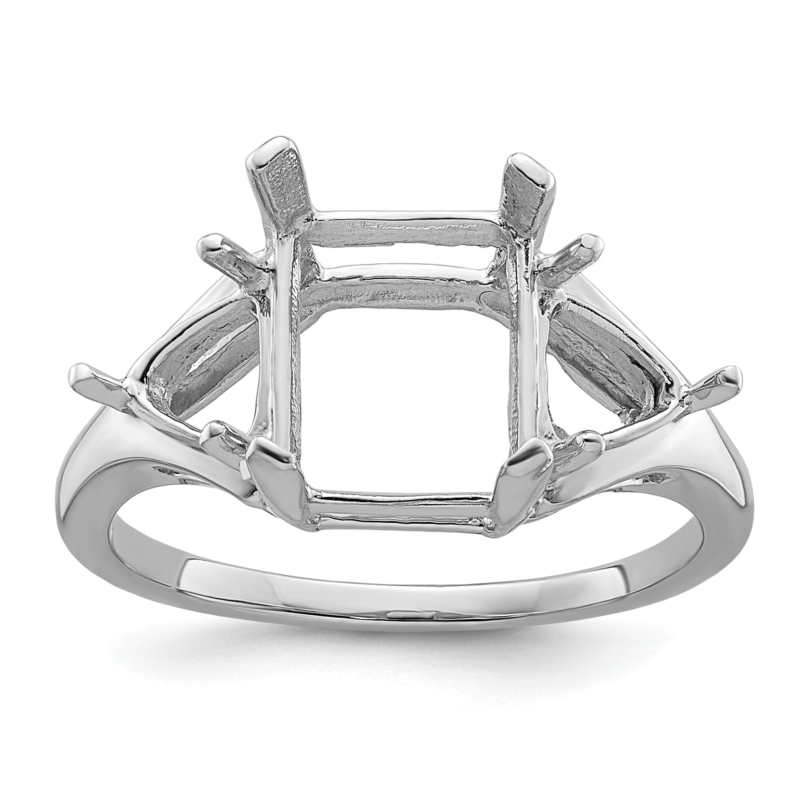 14k White Gold 9x7 Emerald / 2-5mm Trillion Gemstone Ring Mounting (No Stone Included)
