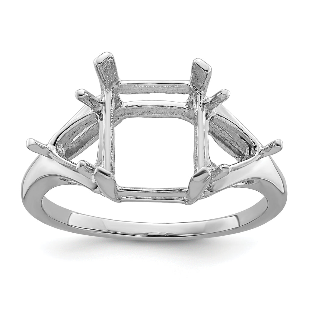 14k White Gold 9x7 Emerald / 2-5mm Trillion Gemstone Ring Mounting (No Stone Included)
