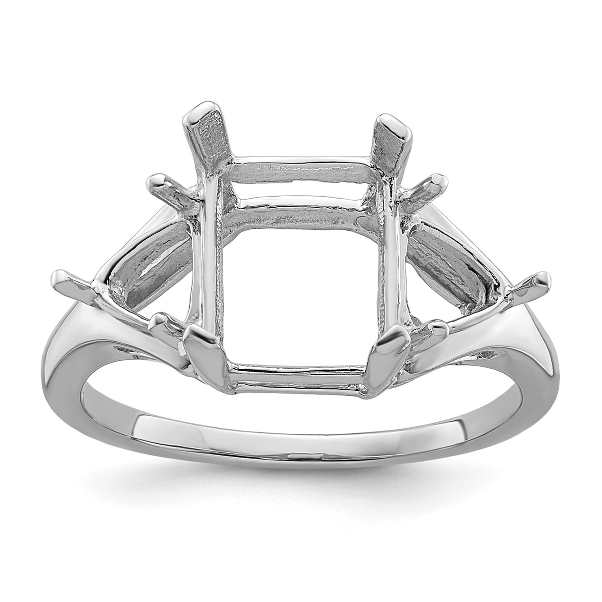 14k White Gold 9x7 Emerald / 2-5mm Trillion Gemstone Ring Mounting (No Stone Included)