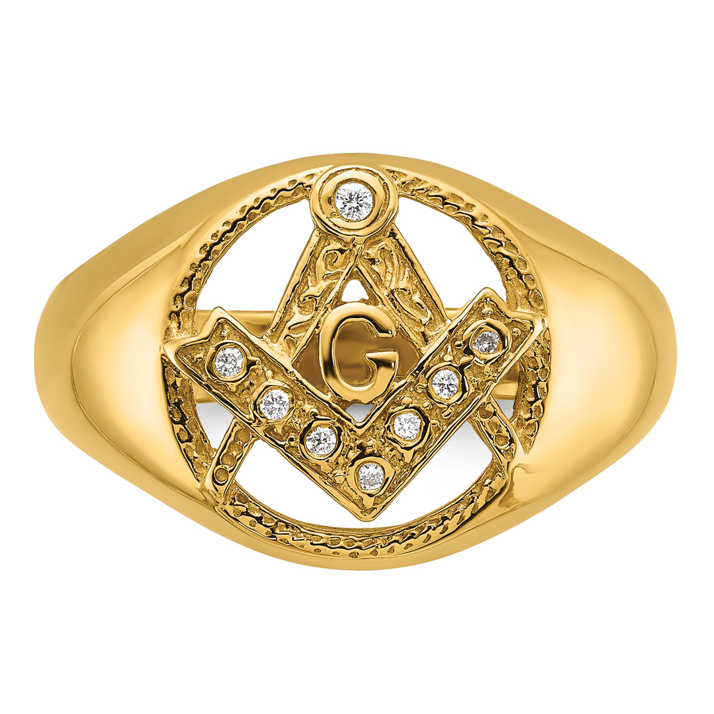 14k Men's Polished and Textured A Quality Diamond Masonic Ring
