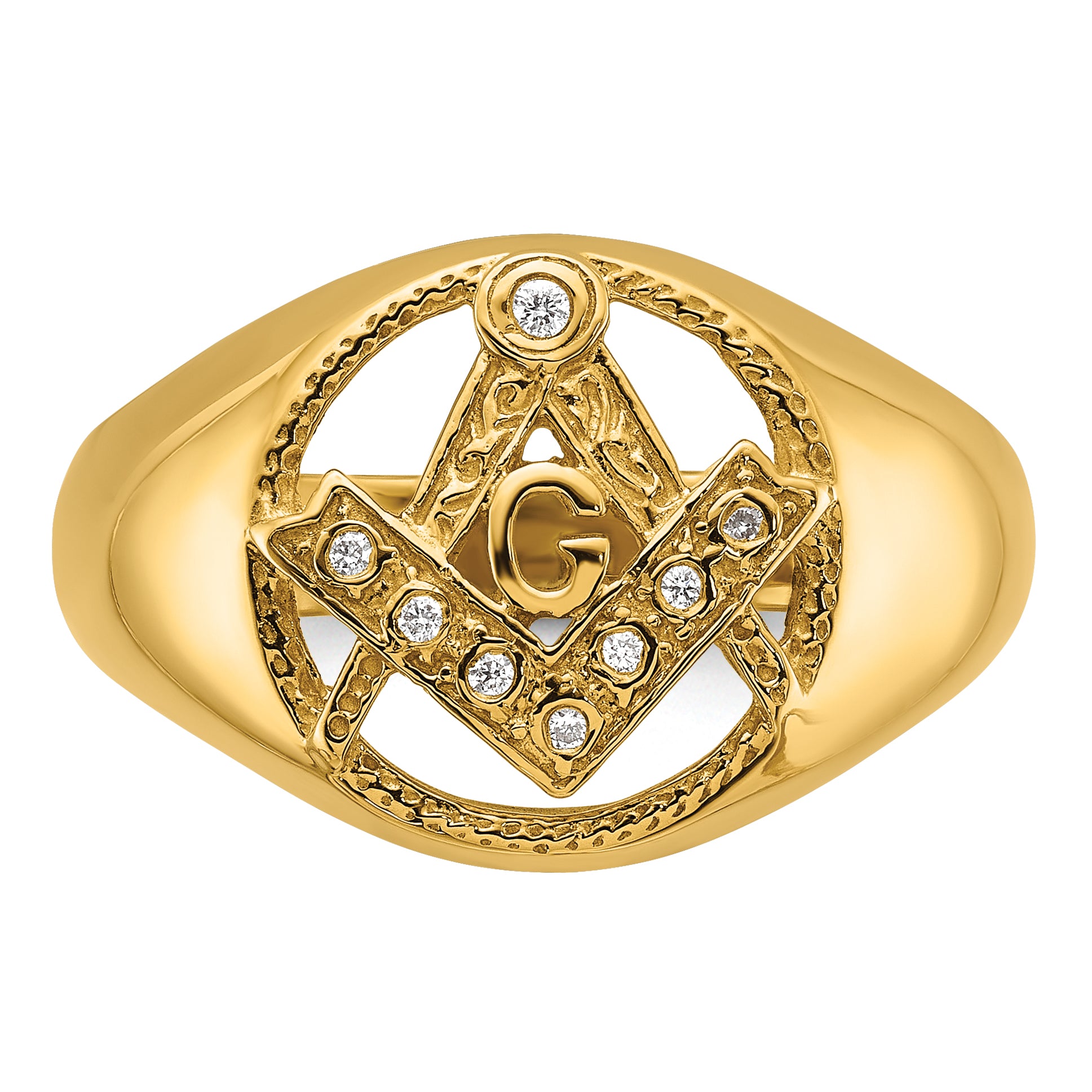 14k Men's Polished and Textured AA Quality Diamond Masonic Ring