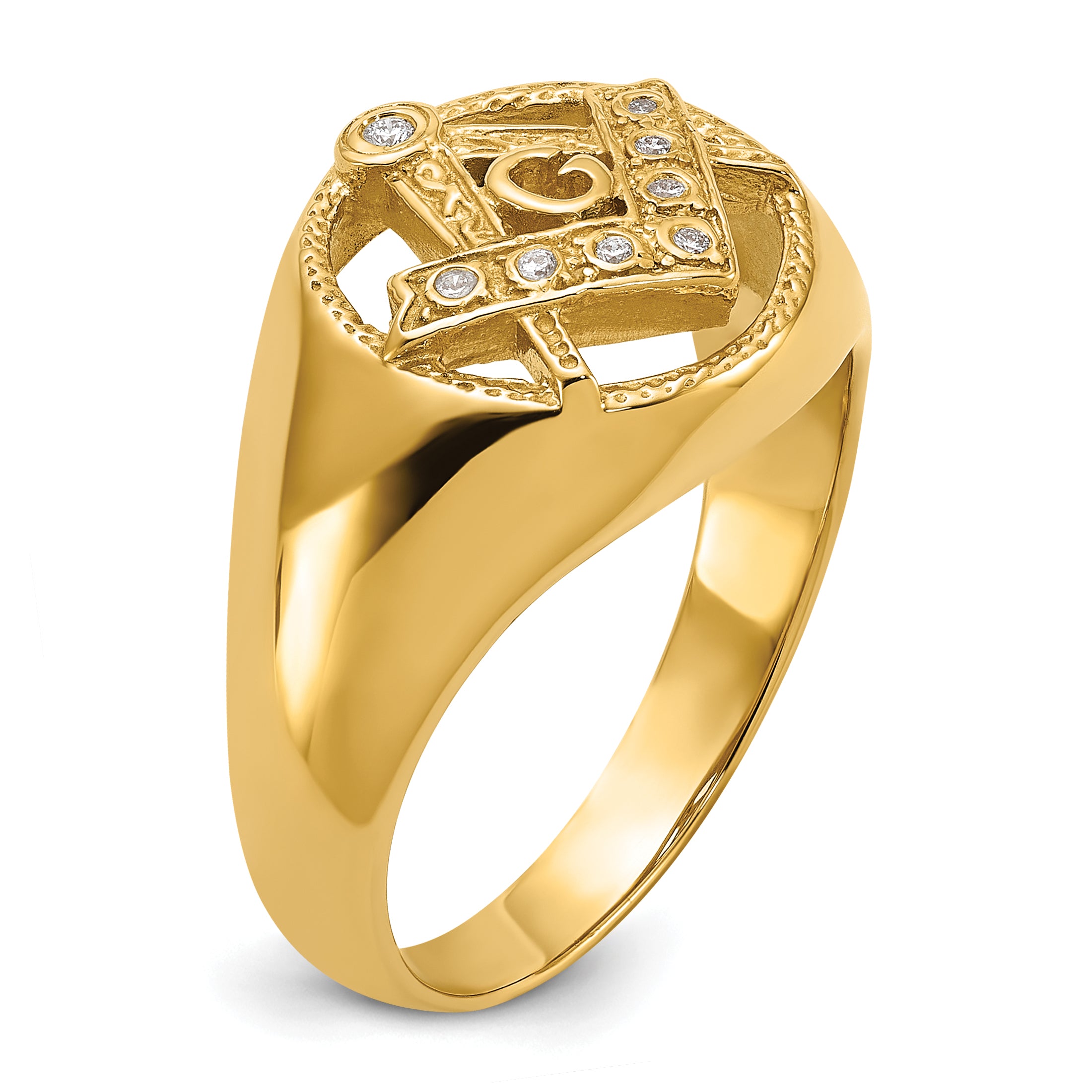 14k Men's Polished and Textured AAA Quality Diamond Masonic Ring