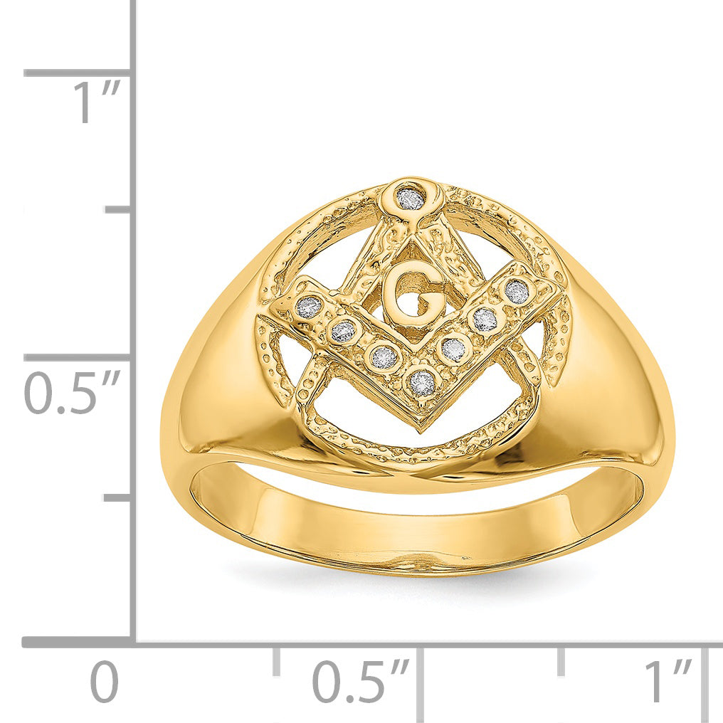 14k Men's Polished and Textured AAA Quality Diamond Masonic Ring