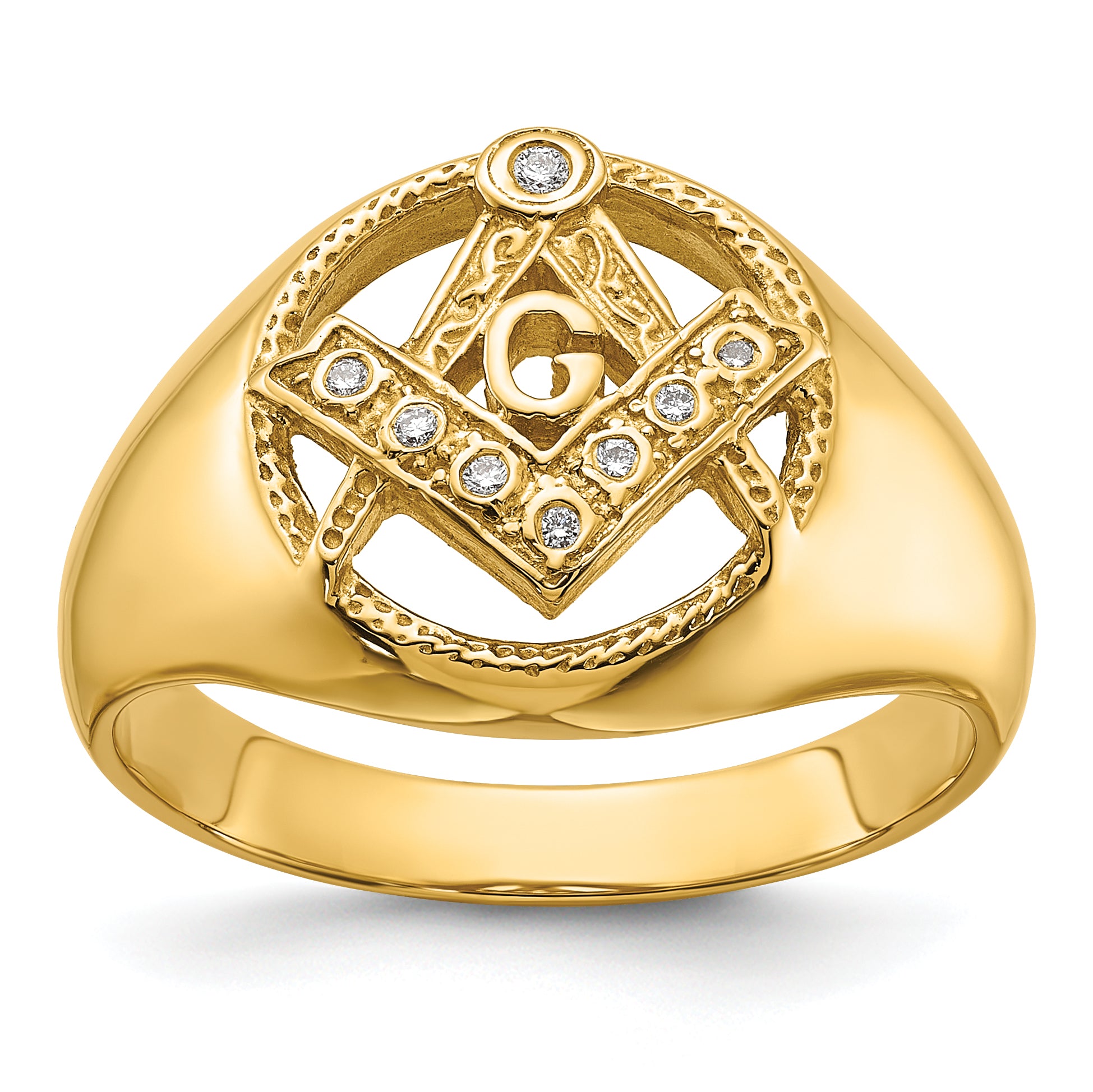 14k Men's Polished and Textured AAA Quality Diamond Masonic Ring Main image