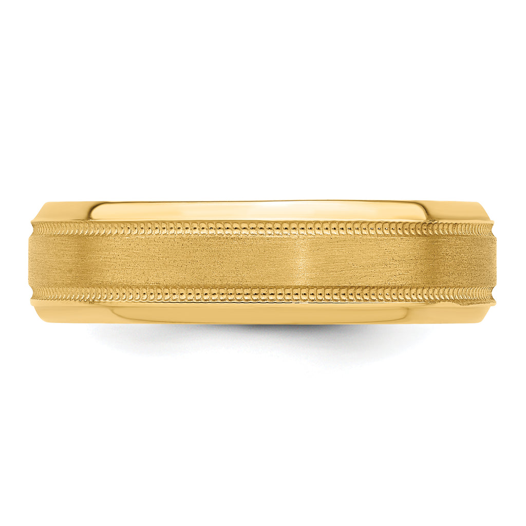 14k Yellow Gold 6mm Standard Weight Comfort Fit Brushed Satin/Polished Milgrain Grooved Edge Wedding Band