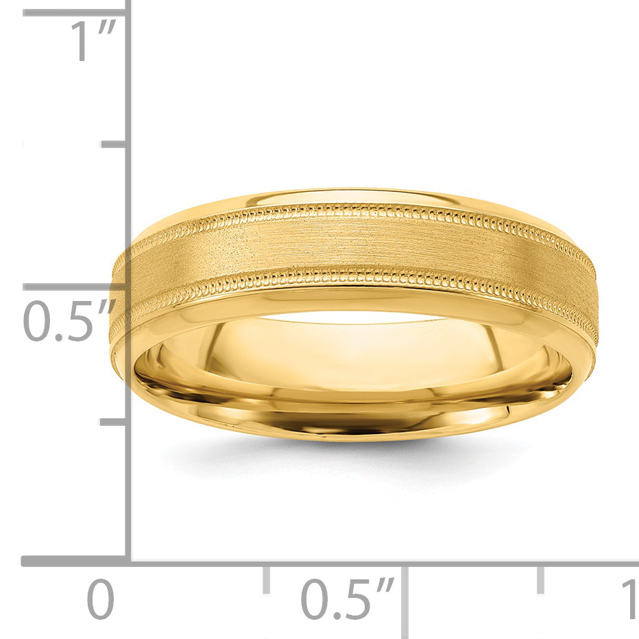 14k Yellow Gold 6mm Heavyweight Comfort Fit Brushed Satin/Polished Milgrain Grooved Edge Wedding Band
