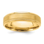 14k Yellow Gold 6mm Lightweight Comfort Fit Brushed Satin/Polished Milgrain Grooved Edge Wedding Band