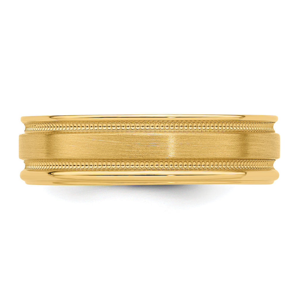 14k Yellow Gold 6mm Standard Weight Comfort Fit Brushed Satin/Polished Milgrain Grooved Edge Wedding Band