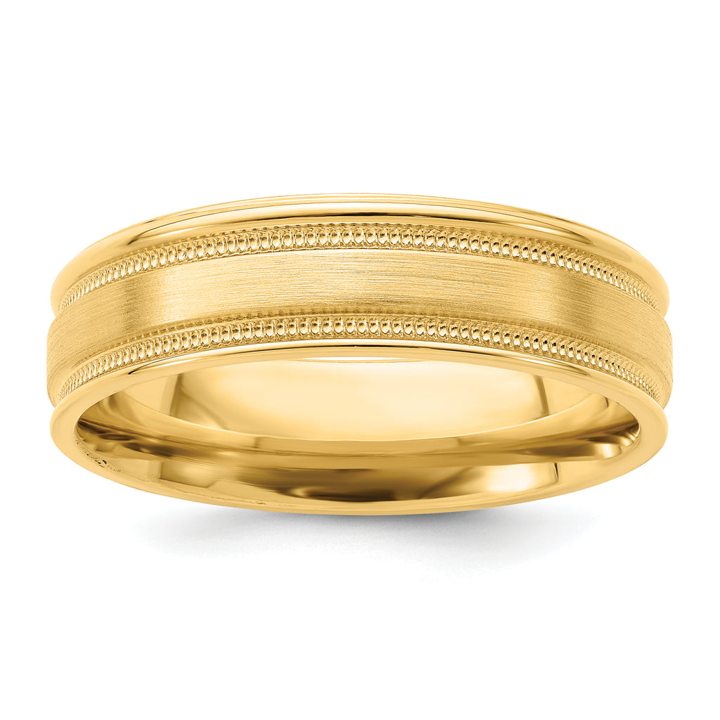 14k Yellow Gold 6mm Standard Weight Comfort Fit Brushed Satin/Polished Milgrain Grooved Edge Wedding Band
