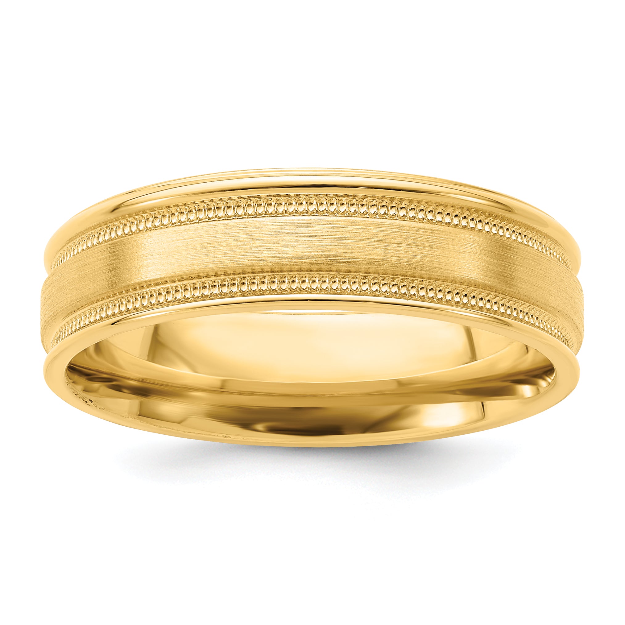 14k Yellow Gold 6mm Standard Weight Comfort Fit Brushed Satin/Polished Milgrain Grooved Edge Wedding Band