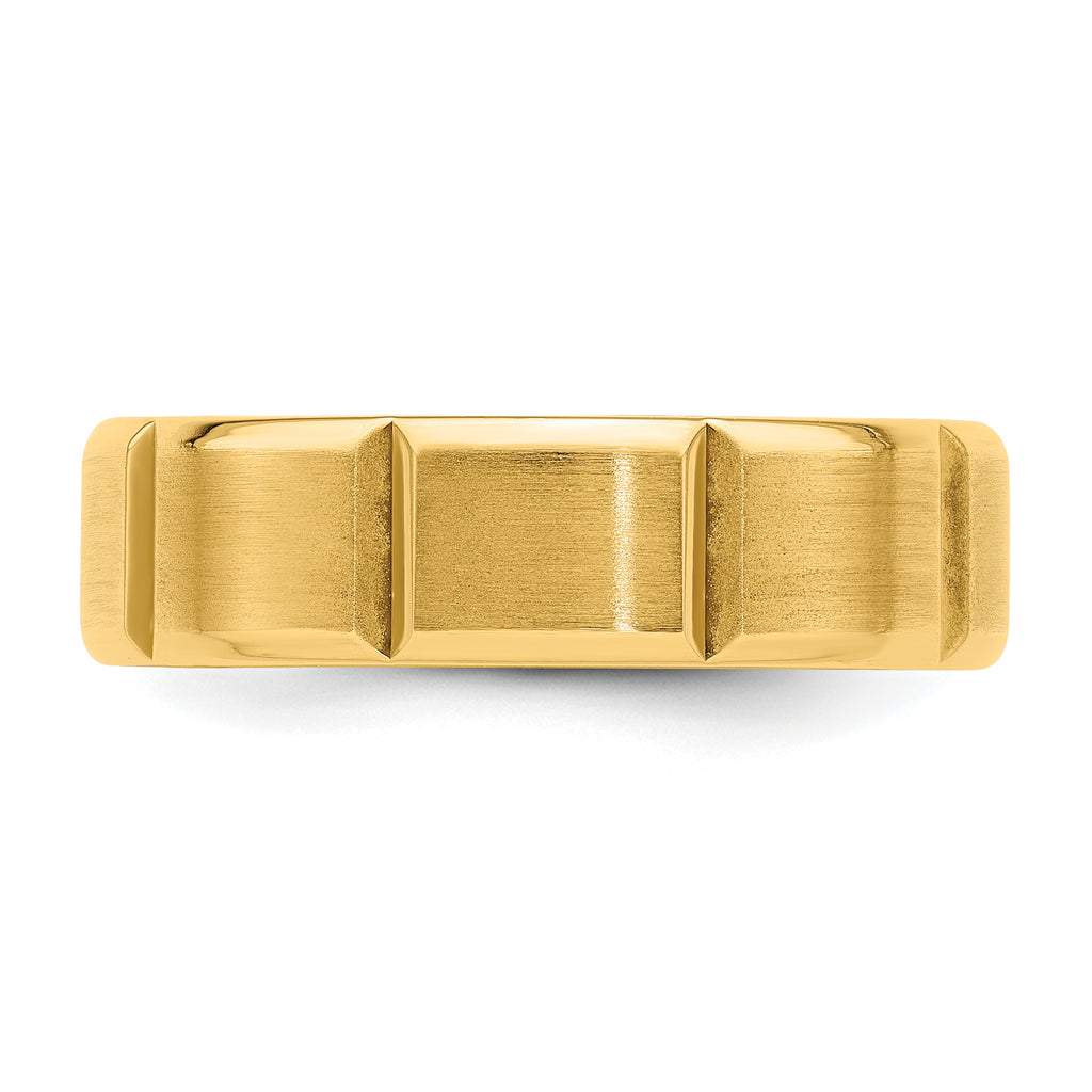 14k Yellow Gold 6mm Lightweight Comfort Fit Brushed/Polished Beveled Edge with Vertical Lines Wedding Band