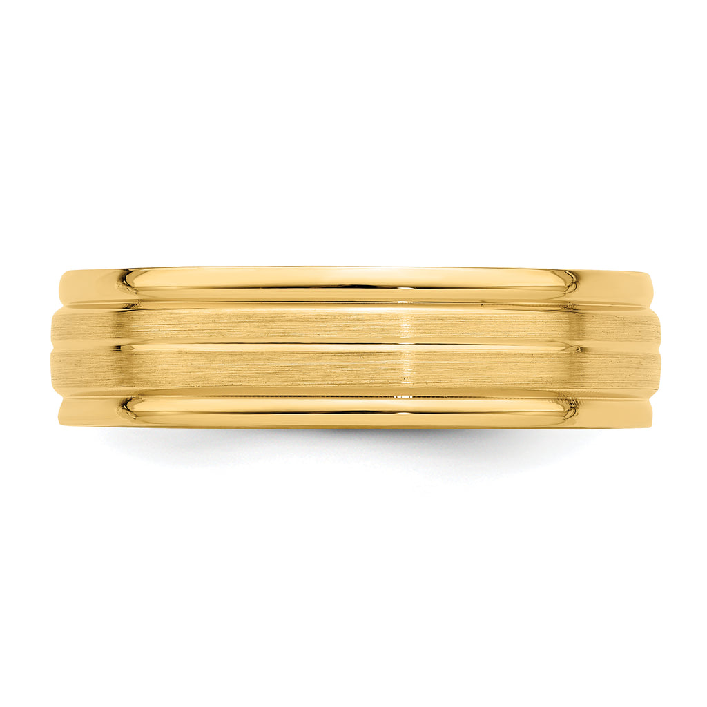 14k Yellow Gold 6mm Standard Weight Comfort Fit Brushed Satin with Center Line Fancy Wedding Band