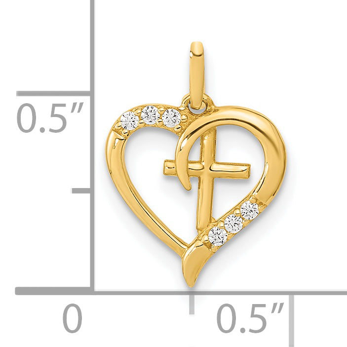 14K Polished Open Heart with Cross CZ Pendant