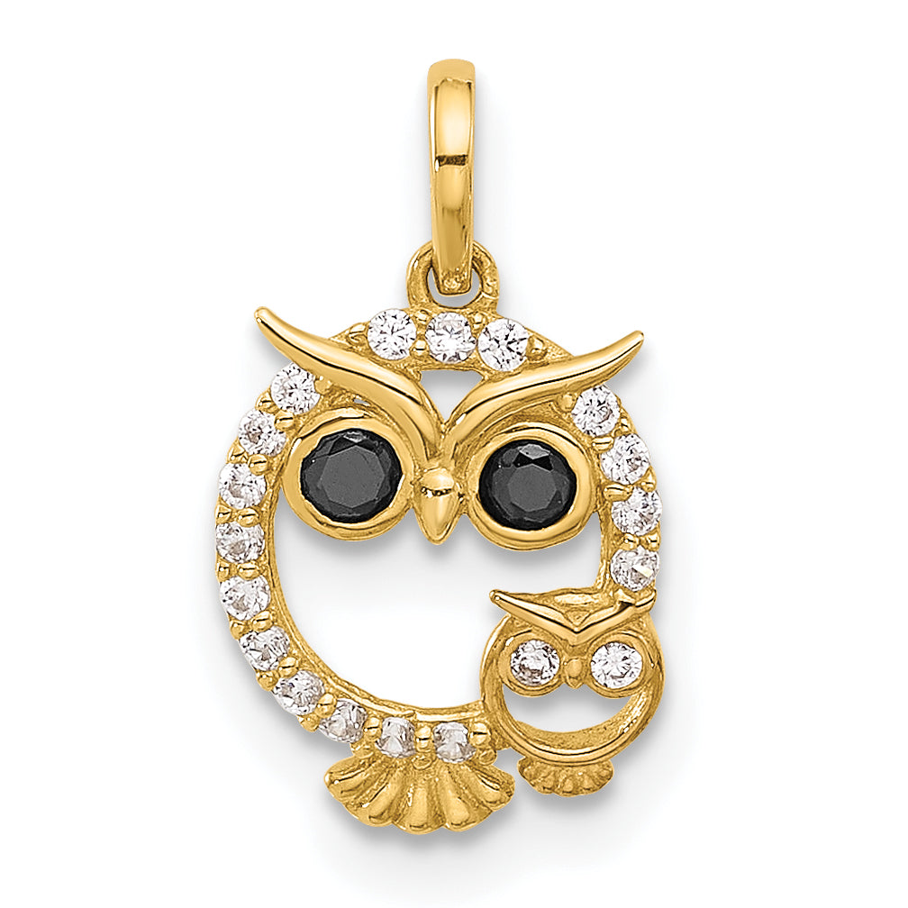 14K Polished Black and White CZ Mommy and Baby Owl Pendant Main image