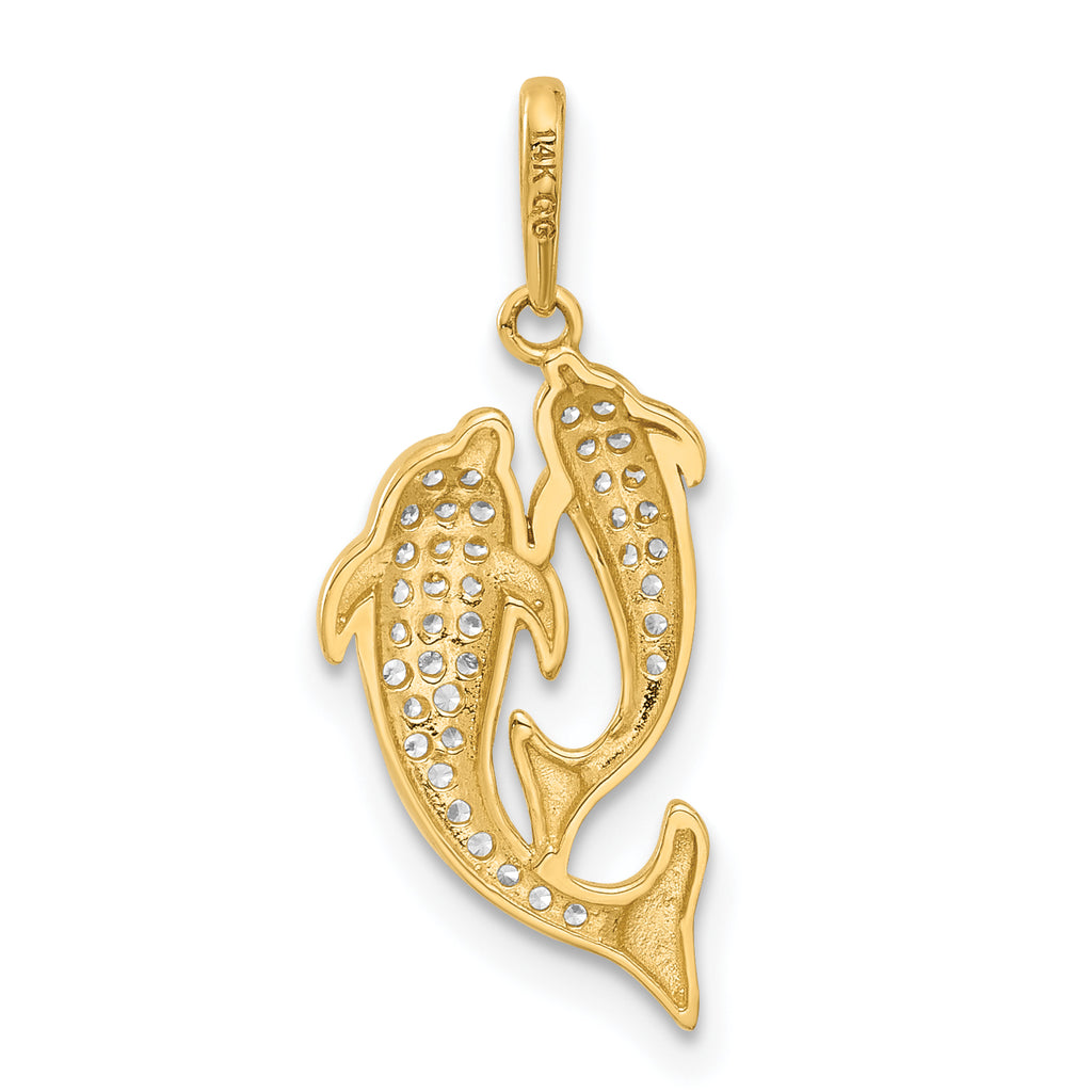 14k Polished CZ Two Dolphins Pendant