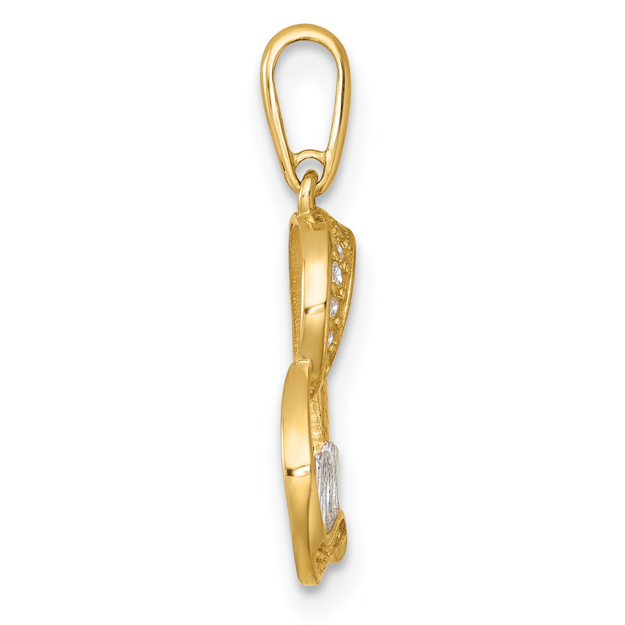 14k and Rhodium Polished White CZ Sideways Open Heart MOM Pendant