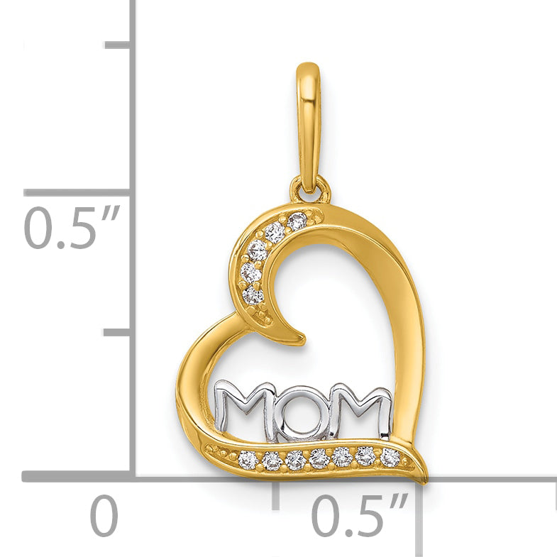 14k and Rhodium Polished White CZ Sideways Open Heart MOM Pendant