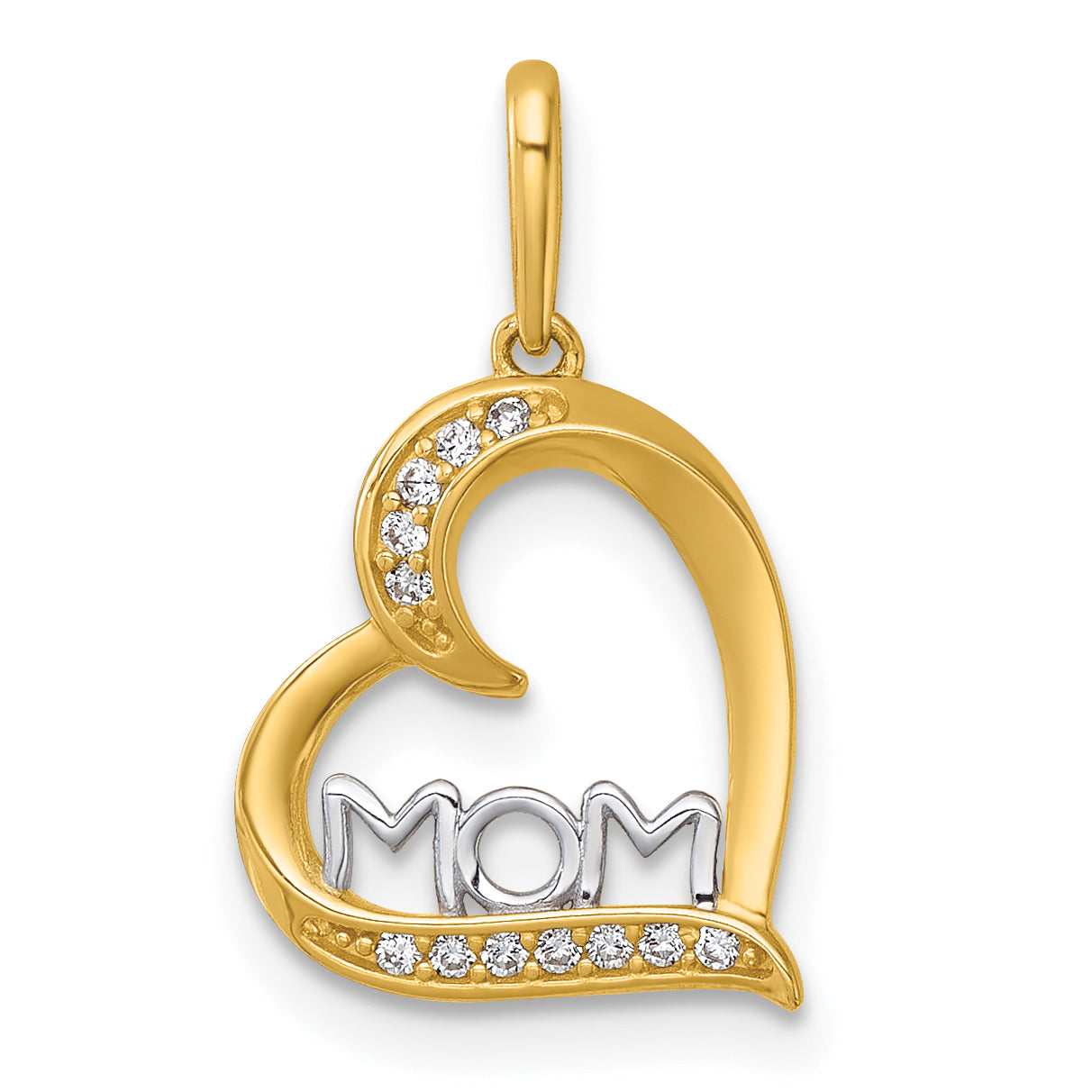 14k and Rhodium Polished White CZ Sideways Open Heart MOM Pendant Main image
